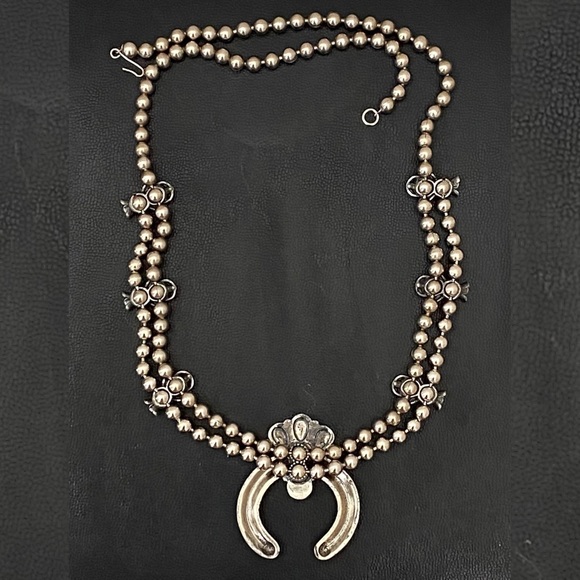 Vintage Faux Turquoise Silver-tone Ball Chain Squash Blossom Boho Necklace - Picture 4 of 12